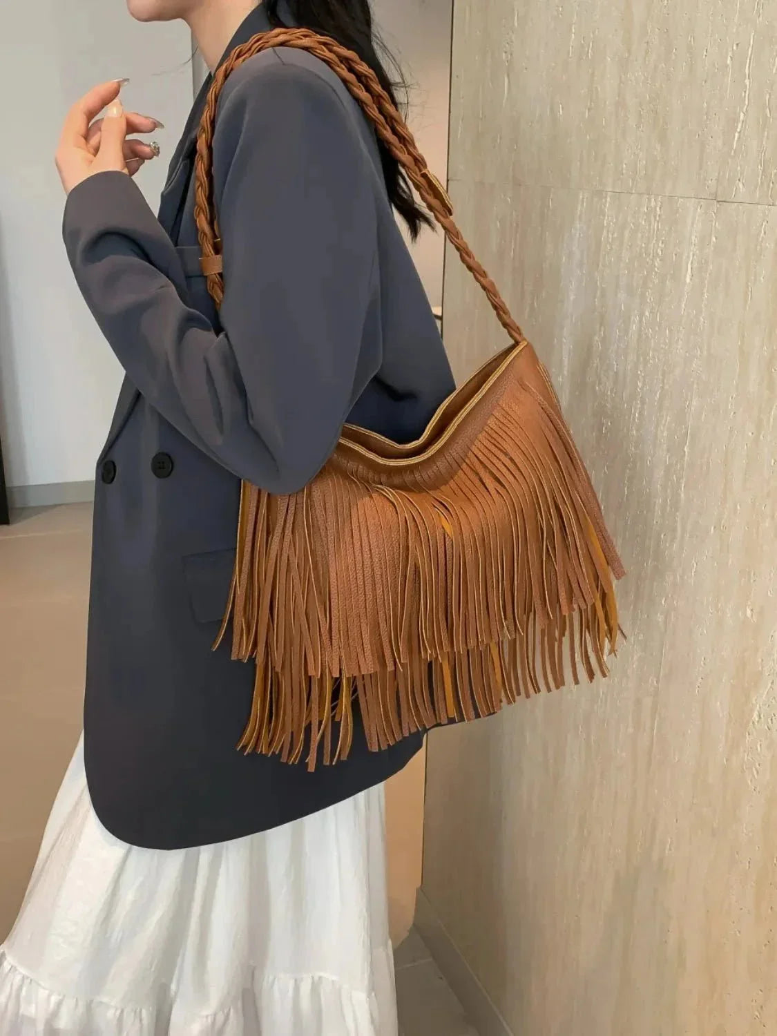 Fringe Solid Color Shoulder Bag - VILLA FASHION